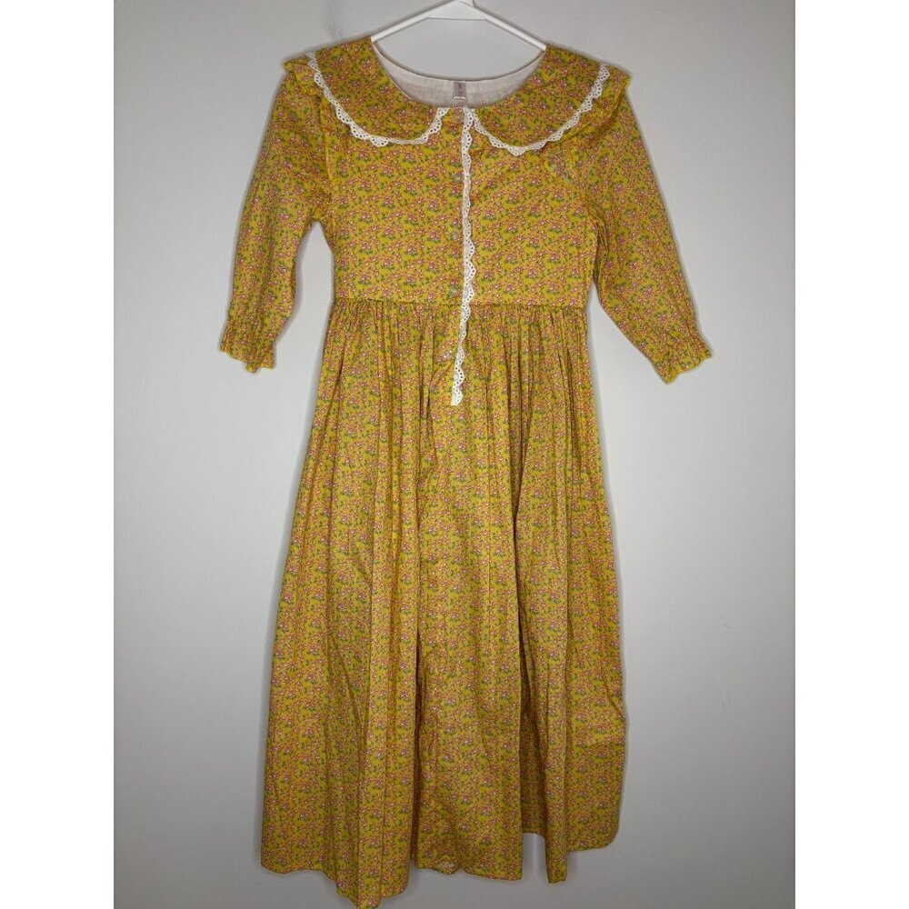 RELIBEAUTY NEW Yellow Floral Long Slv Dress Prairie Girls 150 (12) Lace Bonnet